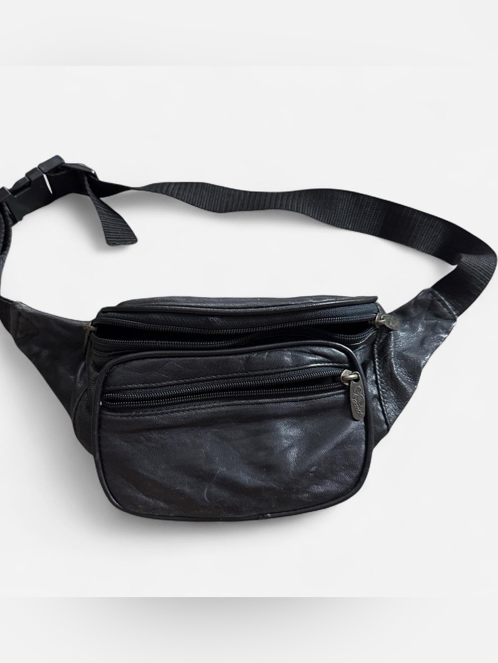Black Faux Leather Waist Pack with Multiple Zip Pockets